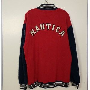 Vintage Men's Nautica 1/4 Zip Fleece Pullover Sweater Red White Blue USA Sz L